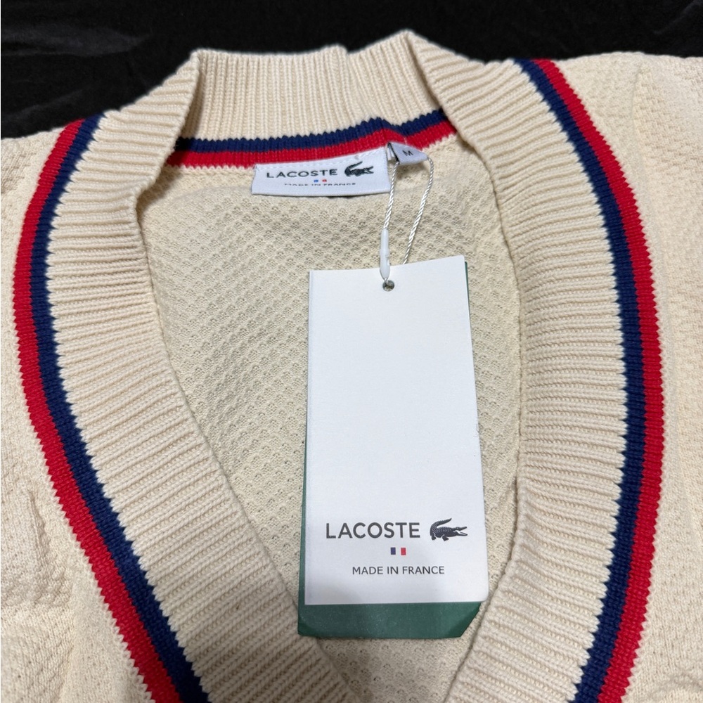 Lacoste Beige Sweater with Navy and Crimson Trim